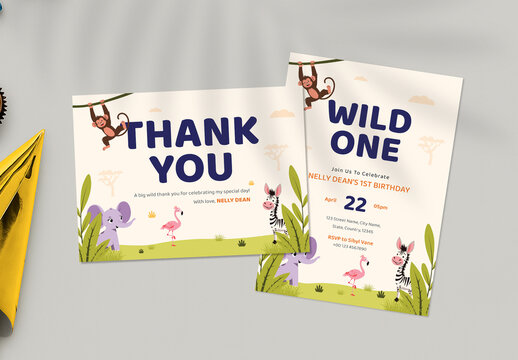 Playful Safari Birthday Party Invitation and Thank You Card with Animal Illustration