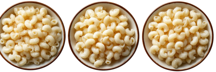 Three bowls of elbow macaroni, top-down view