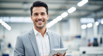 Business professional smiles while using a tablet in a modern office environment during daytime