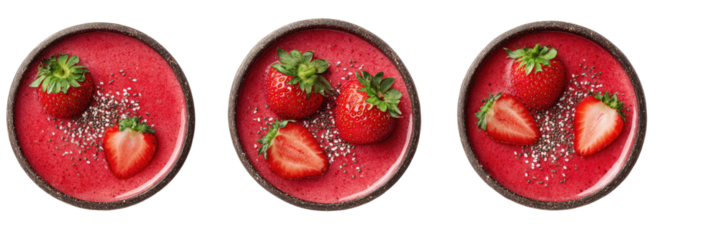 Three bowls of strawberry smoothie, seen from above