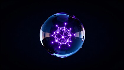 Futuristic glowing purple interconnected dots and lines forming an intricate abstract network encapsulated within a transparent glass sphere, symbolizing cutting-edge artificial intelligence, big data