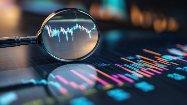Detailed financial analysis using a magnifying glass on stock market trends and data during evening hours