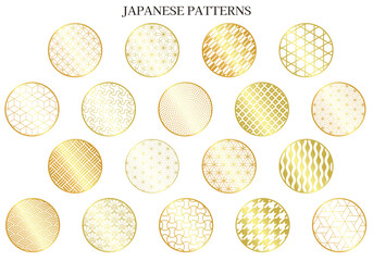 丸、円形の縁に色々な和柄パターンセット_ゴールド