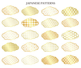 雲形の縁に色々な和柄パターンセット_ゴールド