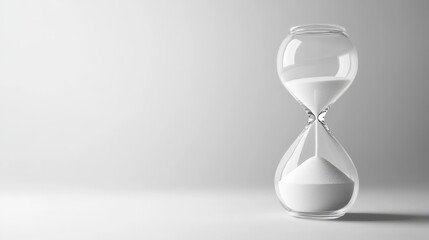 Clear glass hourglass filled with white sand on a minimalistic background showing the concept of time