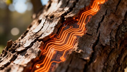 Glowing orange circuit board intricately embedded within the rough texture of natural tree bark, symbolizing a futuristic fusion of organic nature and advanced digital technology, representing sustain