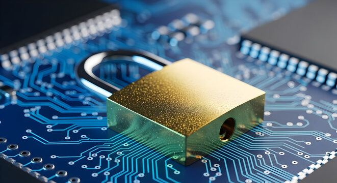 Padlock on Circuit Board Symbolizing Data Protection & Cyber Defense