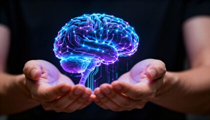 Human hands cupping and presenting a glowing, translucent digital human brain with intricate neon blue and purple neural network connections and circuit patterns against a dark background, symbolizing