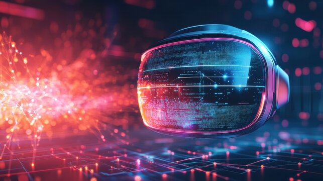 Modern virtual reality headset glowing in digital space with vibrant colors and data patterns during a tech demonstration
