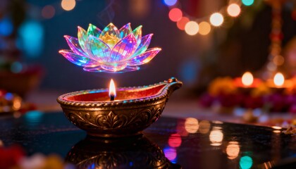Indian Diwali festival celebration with traditional brass oil lamp diya glowing flame and illuminated multi-colored crystal lotus flower, vibrant colorful bokeh lights creating a spiritual and festive