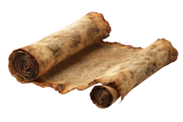 Aged parchment scroll, rolled edges, burnt, textured paper