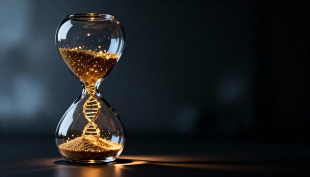 Illuminated hourglass with sparkling golden glitter sand and a prominent glowing DNA helix, symbolizing genetic research, biological aging, the passage of time, and the essence of life on a dark, dram