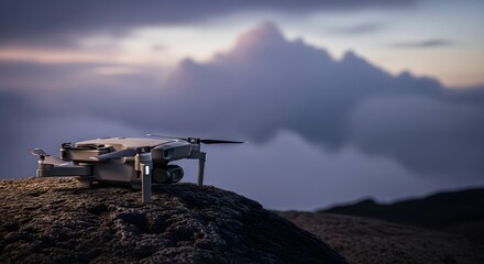 Modern Drone Quadcopter Ready to Fly on a Mountain Peak Above the Clouds at Sunrise, Representing Aerial Photography, Technology, Travel, and Adventure Exploration