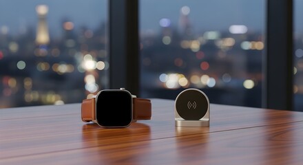 Luxury Smartwatch and Charger on Desk with City Lights Bokeh. Executive Business Technology and Night Skyline View.
