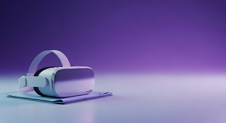 Futuristic VR Headset for Metaverse and Gaming. Virtual Reality Technology Product Shot with Neon Purple and Blue Light.