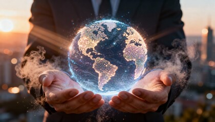 Professional person in a business suit holding a glowing digital Earth globe with shimmering particles and light rays in cupped hands, symbolizing global technology, innovation, and interconnectedness