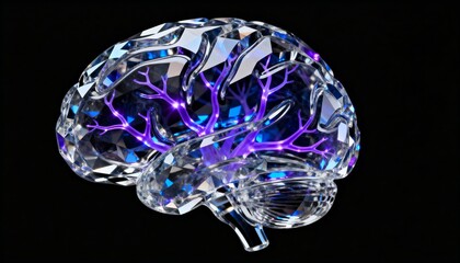 Stunning clear crystal human brain model with internal luminous purple nerve impulses, illustrating advanced neuroscience, artificial intelligence concepts, human cognition, creative thought, and inno