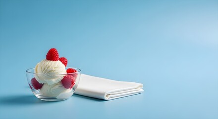 Vanilla Ice Cream Scoops with Fresh Raspberries on Vibrant Blue Background. Minimal Summer Dessert Still Life with Copy Space.