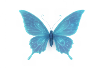 Blue glowing fantasy butterfly with translucent wings and shining particles, representing magic and transformation