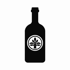 Black bottle with white leaf emblem on white background