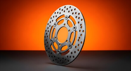 Perforated High-Performance Brake Rotor Disc for Sport Motorcycle or Car, Representing Automotive Safety, Technology, Speed, and Engineering on a Dramatic Orange Background