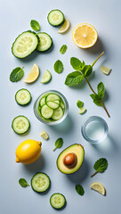 Refreshing summer ingredients flat lay featuring lemon cucumber avocado and mint for wellness diet