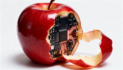 Conceptual image of a bitten red apple revealing a glowing electronic circuit board with illuminated red pathways inside, symbolizing organic technology integration, digital health, innovation, and fu