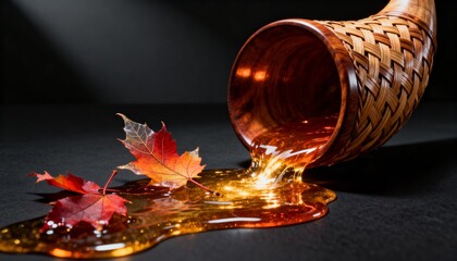 Decorative wooden cornucopia overflowing with shimmering golden honey or maple syrup, pouring onto a dark textured surface, surrounded by vibrant red and orange autumn maple leaves, symbolizing abunda