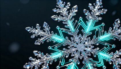 Detailed 3D render of an intricate crystal snowflake adorned with glowing blue integrated circuit board pathways, symbolizing winter technology, data connection, digital innovation, and cold computing