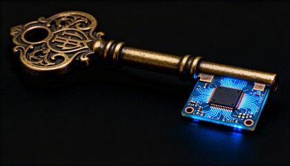 Digital security concept featuring a glowing blue electronic circuit board integrated into an ornate vintage brass skeleton key, symbolizing technology solutions, data protection, innovation, and mode
