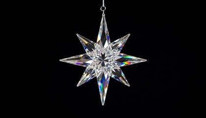 Elegant faceted clear crystal star ornament with beautiful rainbow spectrum light reflections, sparkling and shimmering against a dramatic solid black background, ideal for luxury holiday decorations,
