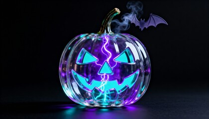 Electrifying glass jack-o'-lantern glowing with neon purple and vibrant turquoise plasma lights, emitting eerie smoke, with a spooky bat detail on a dramatic black background, perfect for modern Hallo