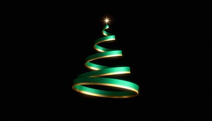 Elegant minimalist Christmas tree formed by a spiraling green ribbon with luxurious golden edges, topped with a bright glowing star, set against a dark black background for modern holiday greetings an
