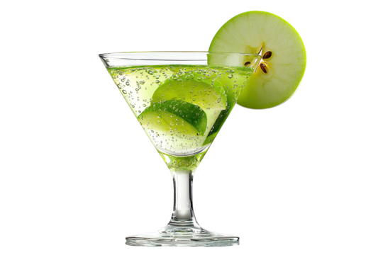 Green apple martini, sliced fruit, bubbly clear liquid