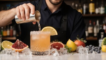 Obraz premium Close-up of a bartender pouring a drink into a glass