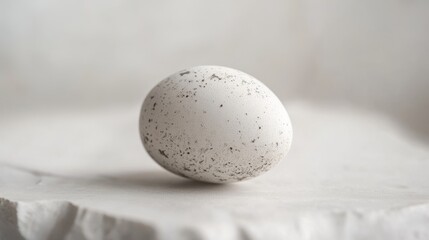 White egg with speckled surface placed on textured surface in soft lighting