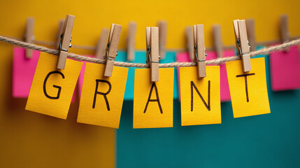 Close-up of GRANT spelled out on colorful sticky notes held by clothespins