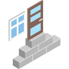 Isometric Brown Door and Window on Grey Brick Steps With Blue Sky Panes In Bright Daylight