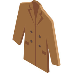 Isometric Brown Double Breasted Long Coat with Dark Buttons and Pockets on a Transparent Background