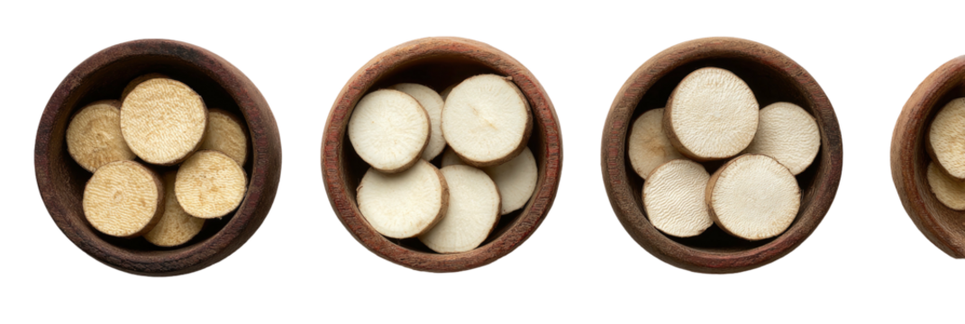 Root rounds in earthy bowls, even rows against black