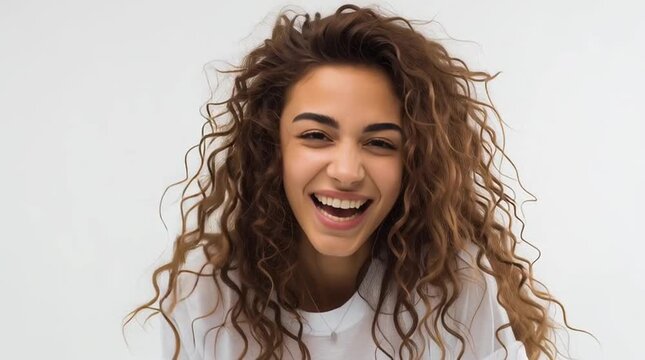Girl about 18 years old wearing a white t-shirt on a white background. Cheerful, happy attitude. horizontal video 