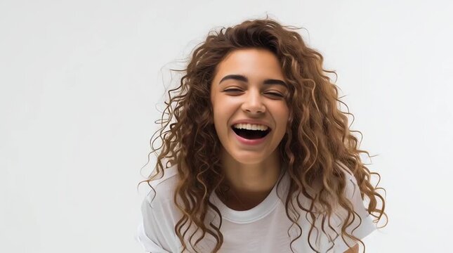 Girl about 18 years old wearing a white t-shirt on a white background. Cheerful, happy attitude. horizontal video 