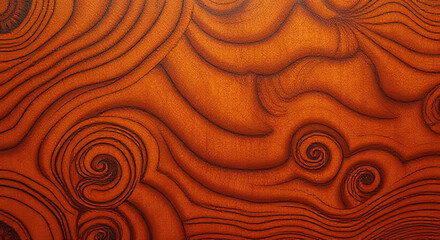 Abstract Swirling Wood Grain Pattern Background in Warm Burnt Orange with Flowing Lines and Textured Spiral Motifs – Artistic Natural Texture for Interior Design, Print, and Digital Art Uses