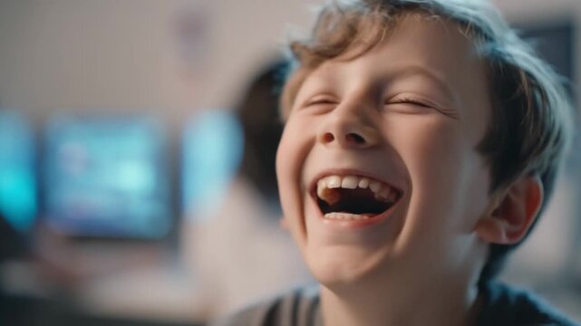 Unbridled Laughter: A young boy, caught in a moment of pure mirth, beams with unrestrained joy, his eyes crinkling with glee, exuding an infectious sense of happiness and childhood innocence.