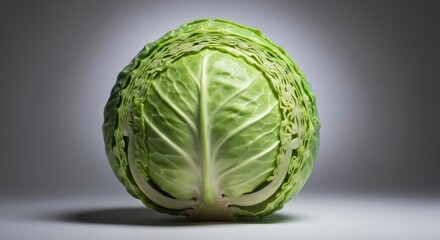 Fototapeta premium Cabbage head, lit centrally, against a graduated grey background
