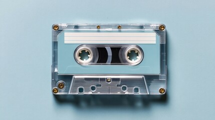 Retro cassette tape on pastel blue background, showcasing intricate details and soft shadows, highlighting nostalgia and vintage music culture aesthetics