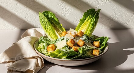 Fresh and vibrant caesar salad with romaine lettuce and croutons served on a light background