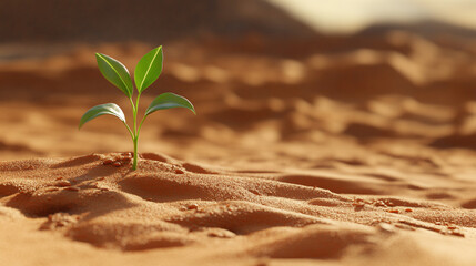 Desert dune with a tiny green sprout emerging from golden sand symbolizing resilience hope renewal and life rising against harsh conditions in a minimalist natural landscape
