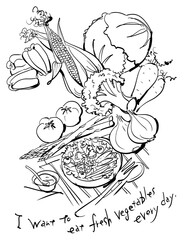 Fresh Vegetables: Bell Peppers, Tomatoes, Corn, Broccoli, and Salad Line Art Illustration
