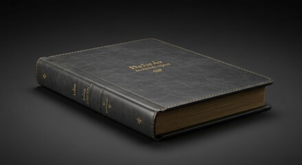 Closed dark leather book with gold lettering on a dark gray background